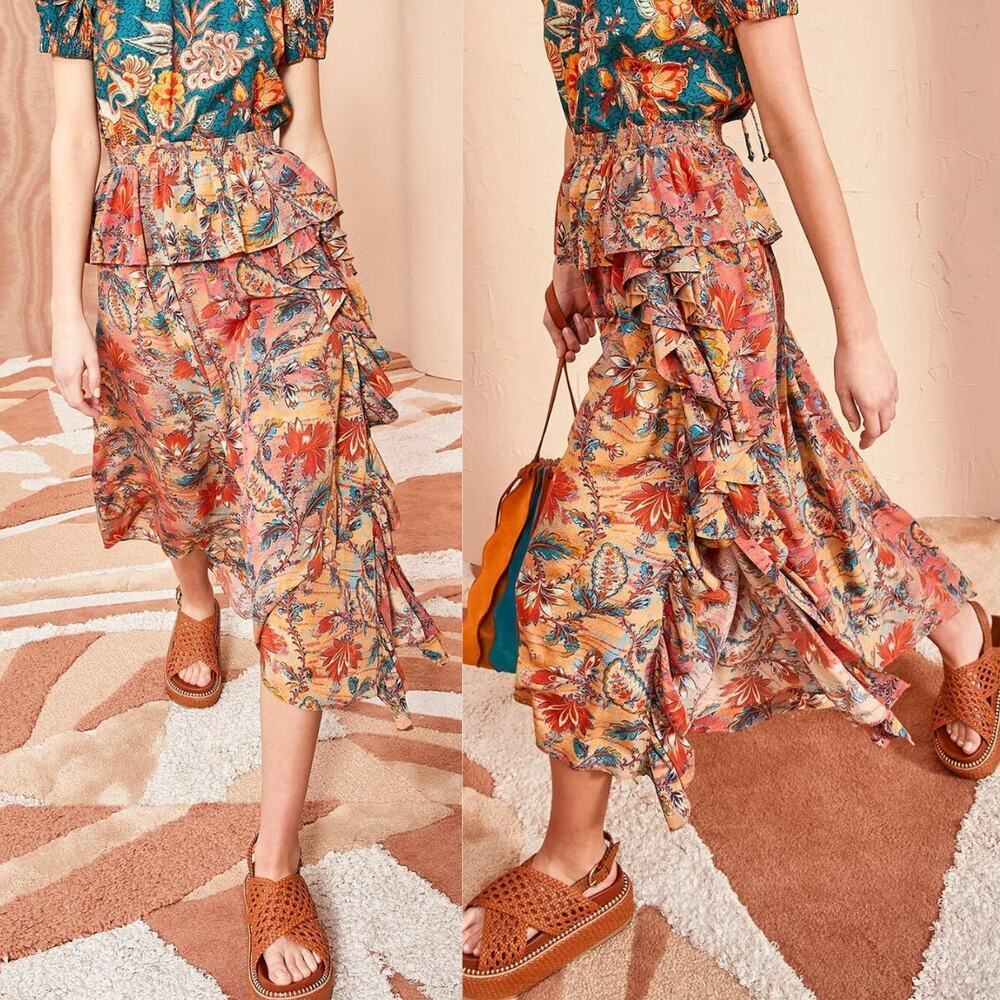 NWT Ulla Johnson Midi Skirt Western‎ Long Orange Red Floral Paisley 100% Silk 10